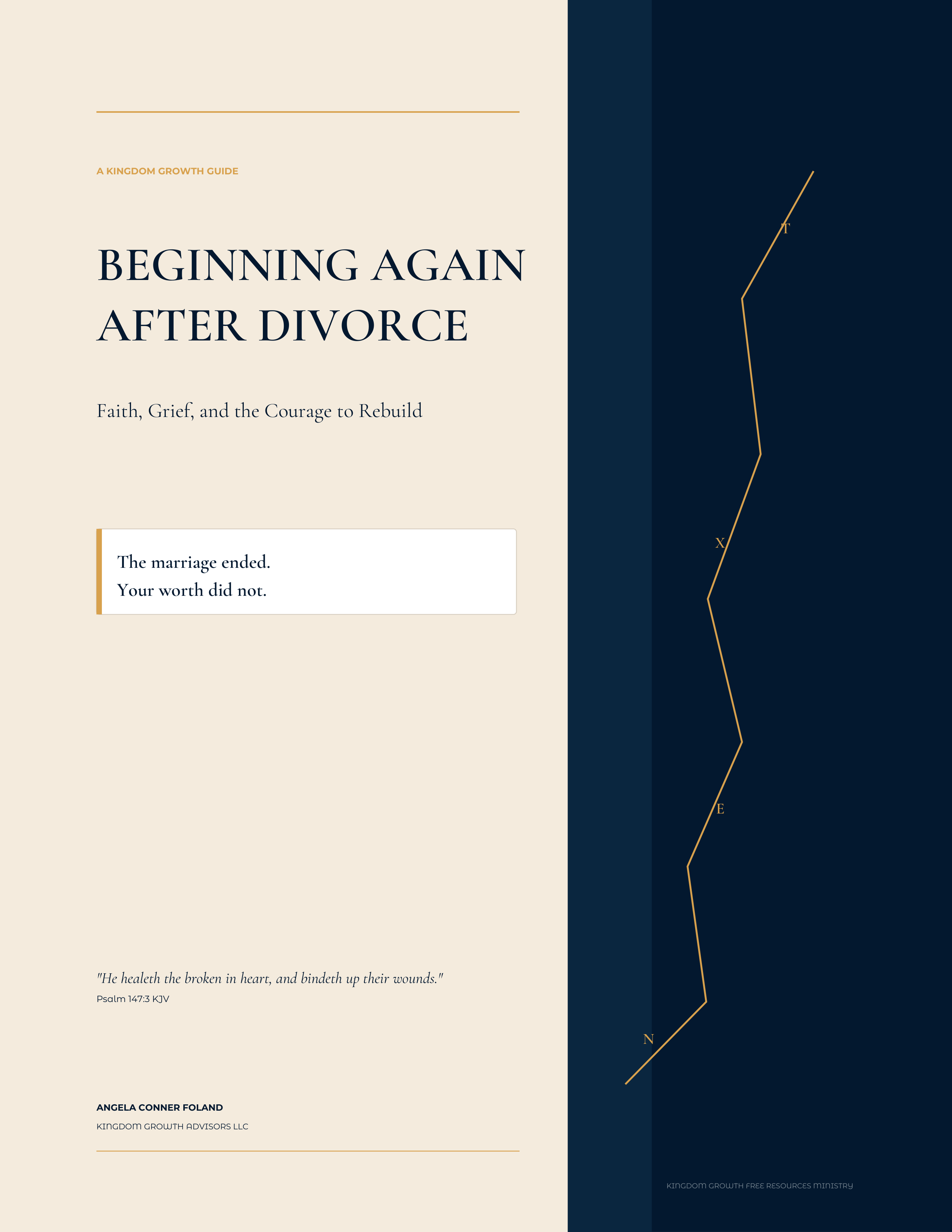 Cover of Beginning Again After Divorce by Angela Conner Foland, a cream and navy Kingdom Growth guide about faith, grief, and rebuilding.