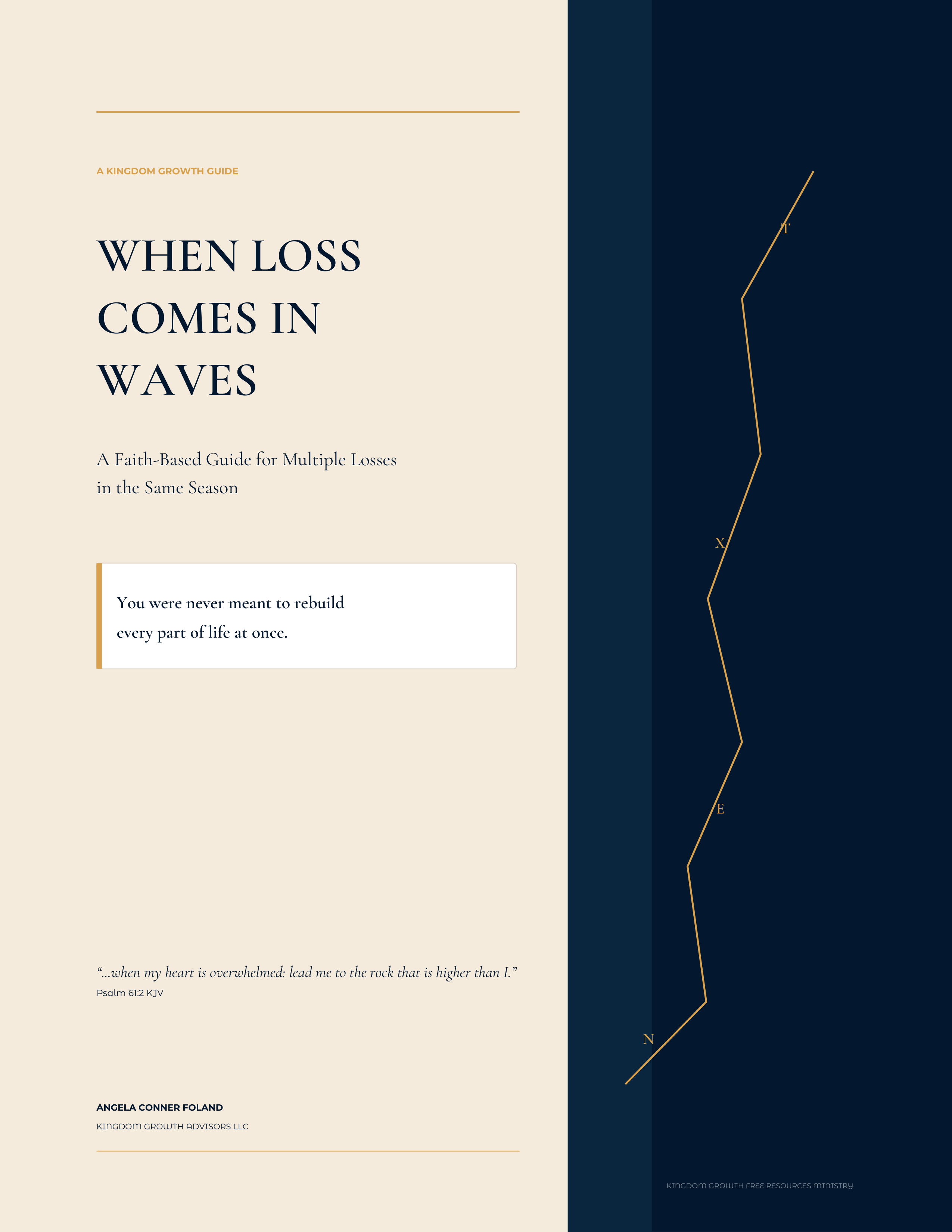 Cover of When Loss Comes in Waves by Angela Conner Foland, a cream and navy faith-based guide for compounded grief and multiple losses.