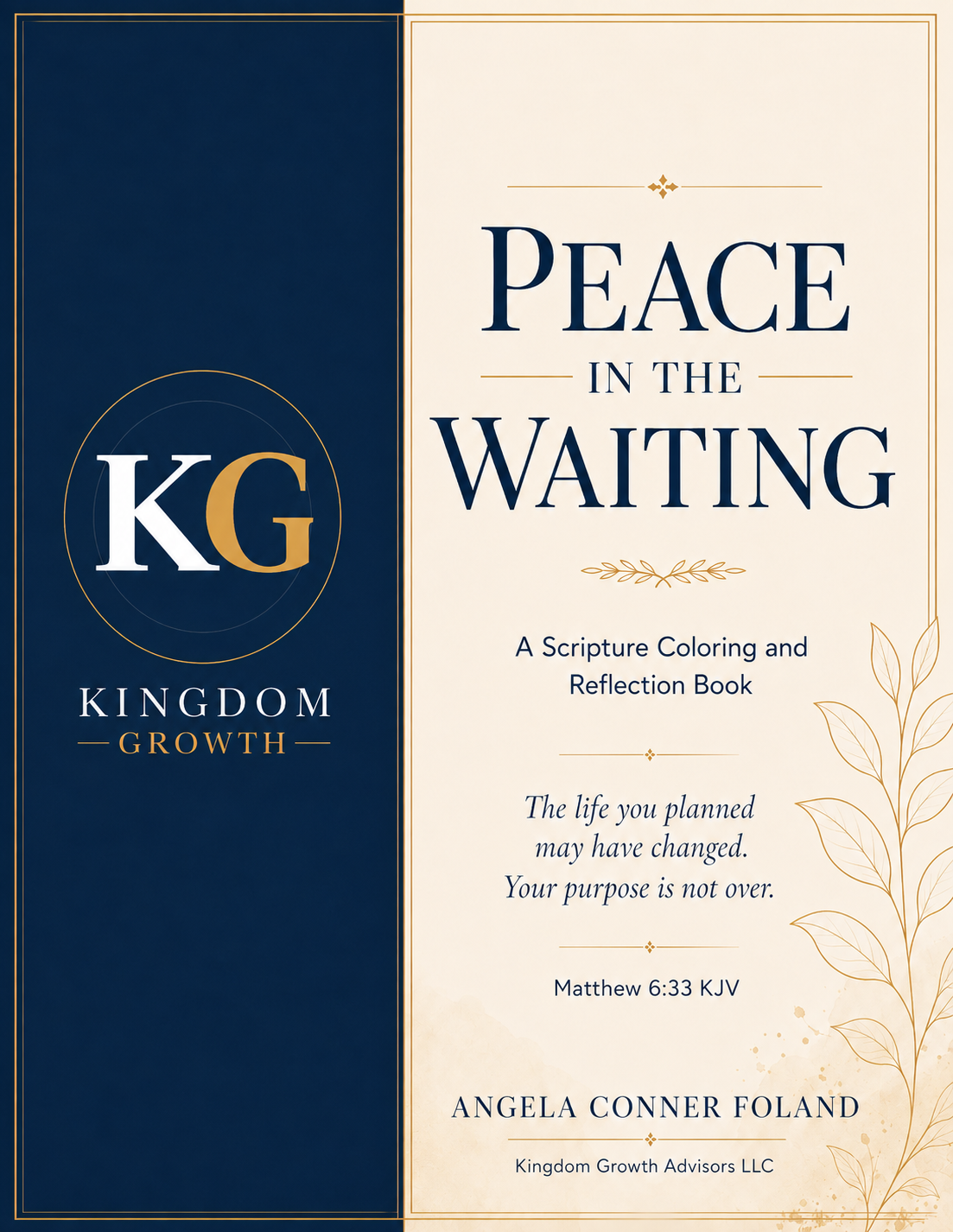 Cover of Peace in the Waiting by Angela Conner Foland, featuring the navy and gold KG emblem beside a cream Scripture coloring and reflection book design.